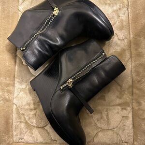Black Leather Ankle Boots with Gold Zipper